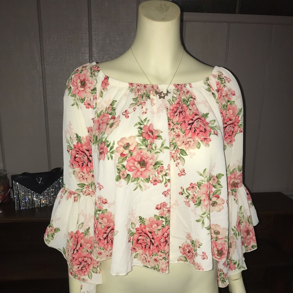 Beautiful White Floral Pink and Green Flowy Top